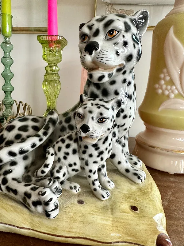 Vintage Leopard Statue, Figurine, Snow Leopards on Pillow, Fine Ceramic, Porcelain, Made in Italy