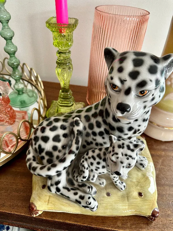 Vintage Leopard Statue, Figurine, Snow Leopards on Pillow, Fine Ceramic, Porcelain, Made in Italy