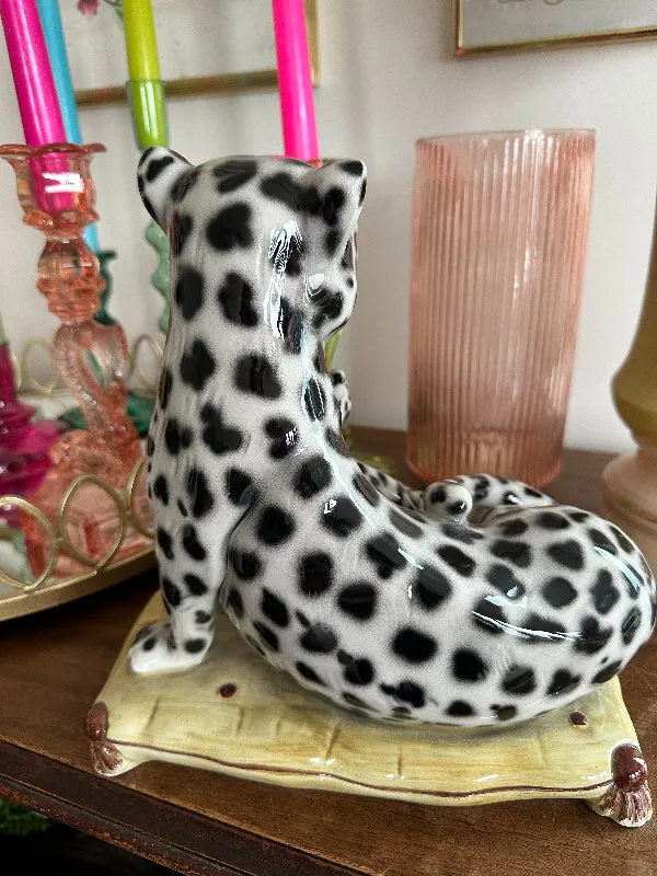 Vintage Leopard Statue, Figurine, Snow Leopards on Pillow, Fine Ceramic, Porcelain, Made in Italy
