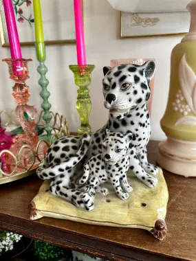 Vintage Leopard Statue, Figurine, Snow Leopards on Pillow, Fine Ceramic, Porcelain, Made in Italy