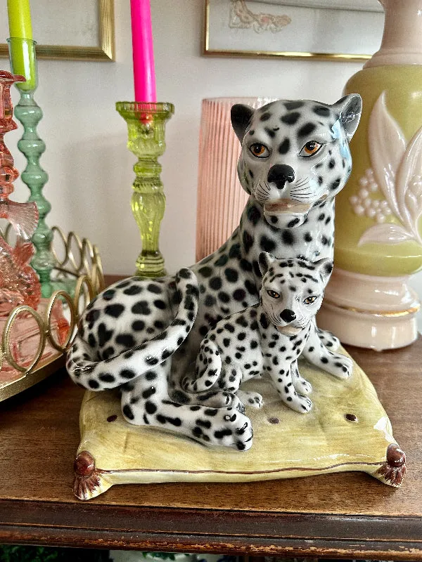 Vintage Leopard Statue, Figurine, Snow Leopards on Pillow, Fine Ceramic, Porcelain, Made in Italy