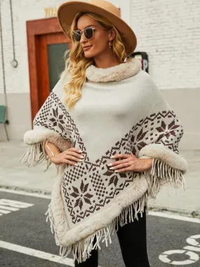 Winter Special Fringe Faux Fur Trim Poncho