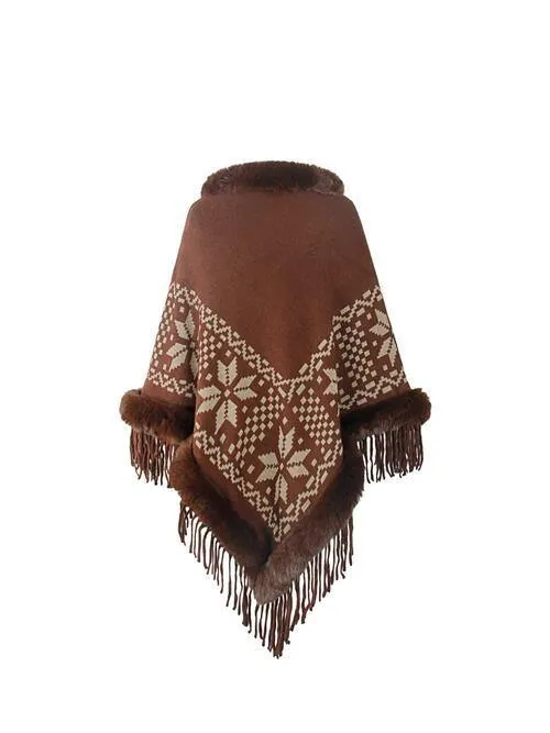 Winter Special Fringe Faux Fur Trim Poncho