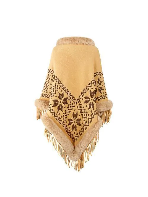 Winter Special Fringe Faux Fur Trim Poncho