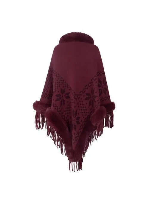 Winter Special Fringe Faux Fur Trim Poncho