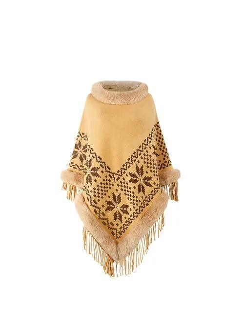 Winter Special Fringe Faux Fur Trim Poncho