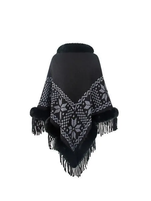 Winter Special Fringe Faux Fur Trim Poncho
