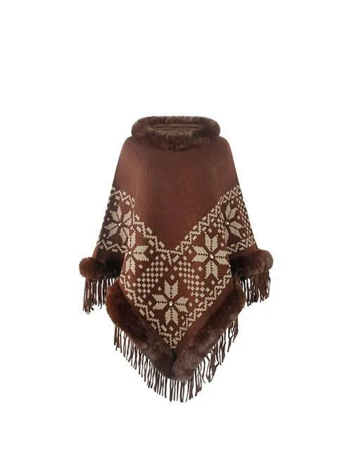 Winter Special Fringe Faux Fur Trim Poncho