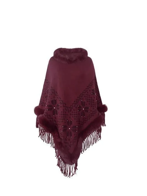 Winter Special Fringe Faux Fur Trim Poncho