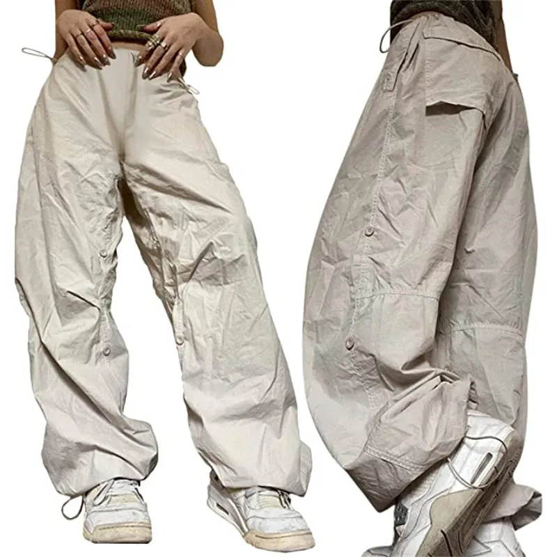 Women Baggy Low Waist Cargo Pants Y2K Parachute Pants For Women Wide Straight Leg Drawstring Trouser With Pocket