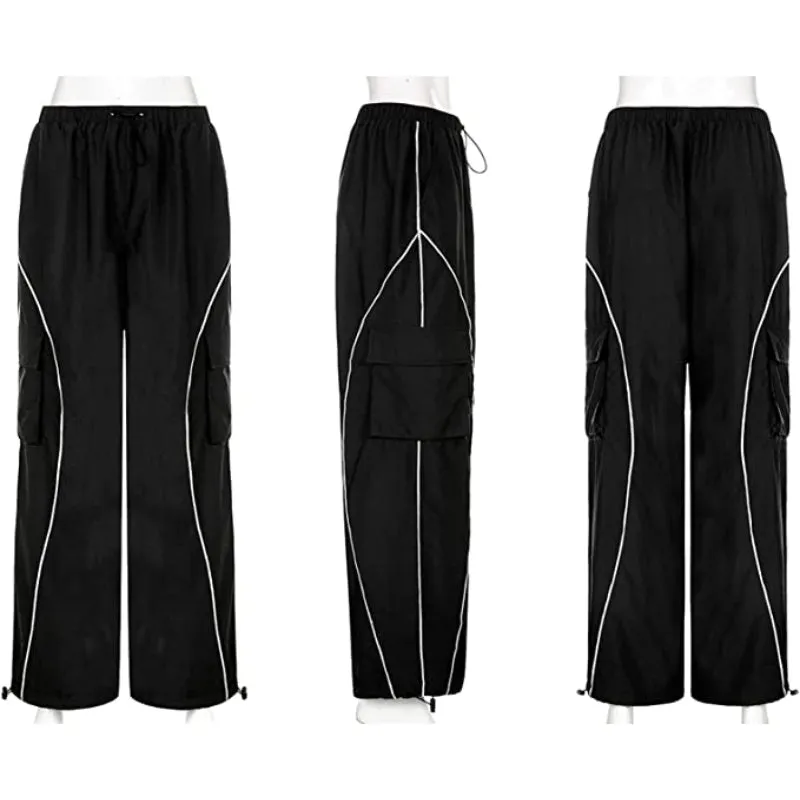 Women Baggy Low Waist Cargo Pants Y2K Parachute Pants For Women Wide Straight Leg Drawstring Trouser With Pocket