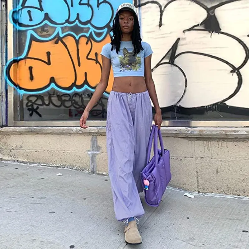 Women Baggy Low Waist Cargo Pants Y2K Parachute Pants For Women Wide Straight Leg Drawstring Trouser With Pocket