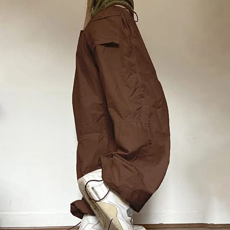 Women Baggy Low Waist Cargo Pants Y2K Parachute Pants For Women Wide Straight Leg Drawstring Trouser With Pocket