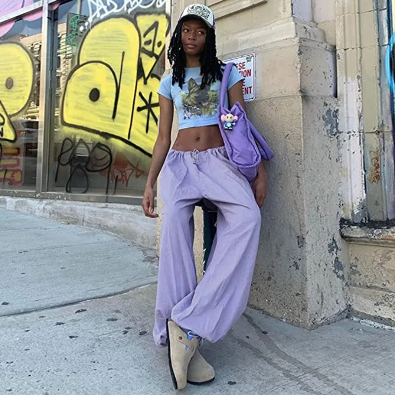 Women Baggy Low Waist Cargo Pants Y2K Parachute Pants For Women Wide Straight Leg Drawstring Trouser With Pocket
