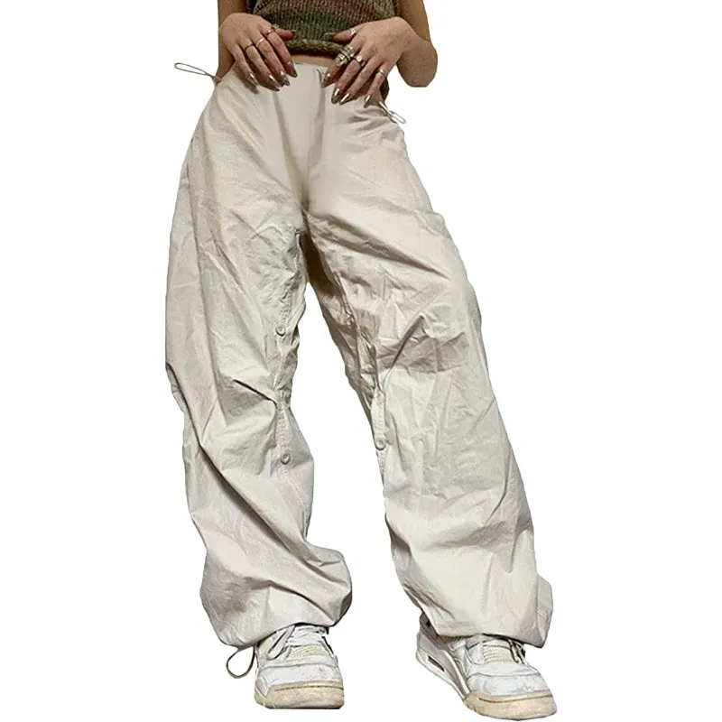 Women Baggy Low Waist Cargo Pants Y2K Parachute Pants For Women Wide Straight Leg Drawstring Trouser With Pocket