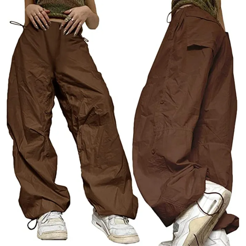 Women Baggy Low Waist Cargo Pants Y2K Parachute Pants For Women Wide Straight Leg Drawstring Trouser With Pocket