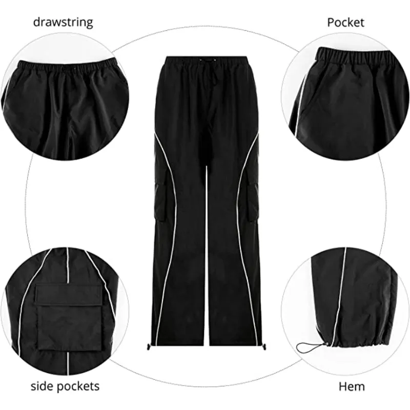 Women Baggy Low Waist Cargo Pants Y2K Parachute Pants For Women Wide Straight Leg Drawstring Trouser With Pocket