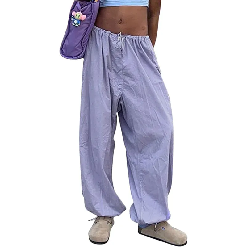 Women Baggy Low Waist Cargo Pants Y2K Parachute Pants For Women Wide Straight Leg Drawstring Trouser With Pocket
