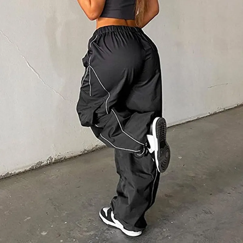 Women Baggy Low Waist Cargo Pants Y2K Parachute Pants For Women Wide Straight Leg Drawstring Trouser With Pocket