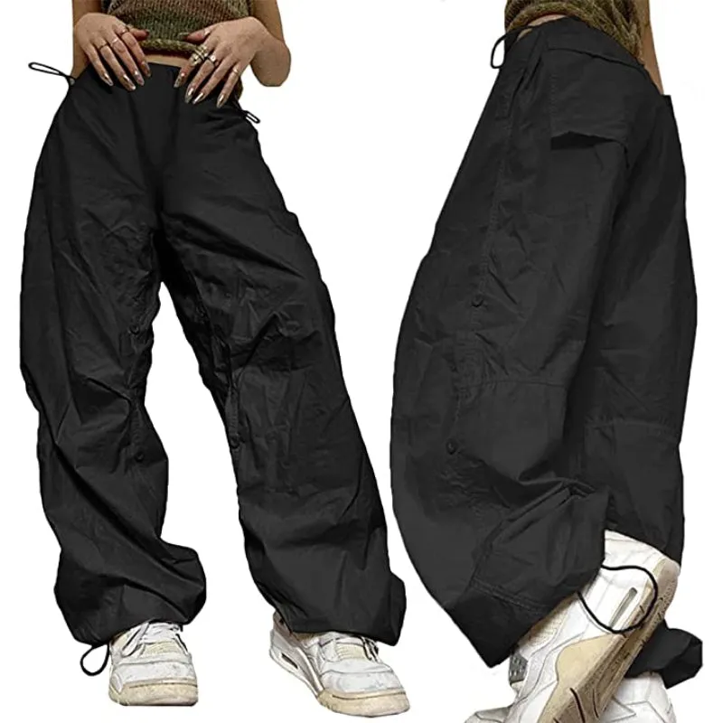 Women Baggy Low Waist Cargo Pants Y2K Parachute Pants For Women Wide Straight Leg Drawstring Trouser With Pocket