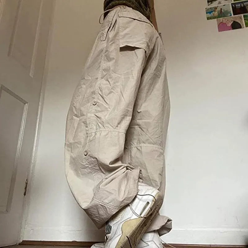 Women Baggy Low Waist Cargo Pants Y2K Parachute Pants For Women Wide Straight Leg Drawstring Trouser With Pocket