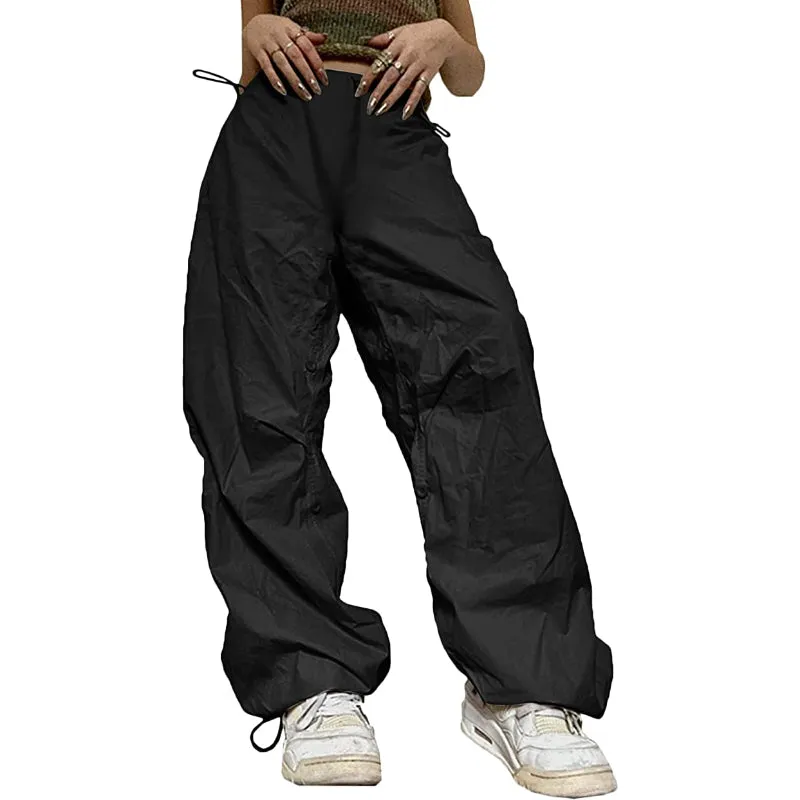 Women Baggy Low Waist Cargo Pants Y2K Parachute Pants For Women Wide Straight Leg Drawstring Trouser With Pocket