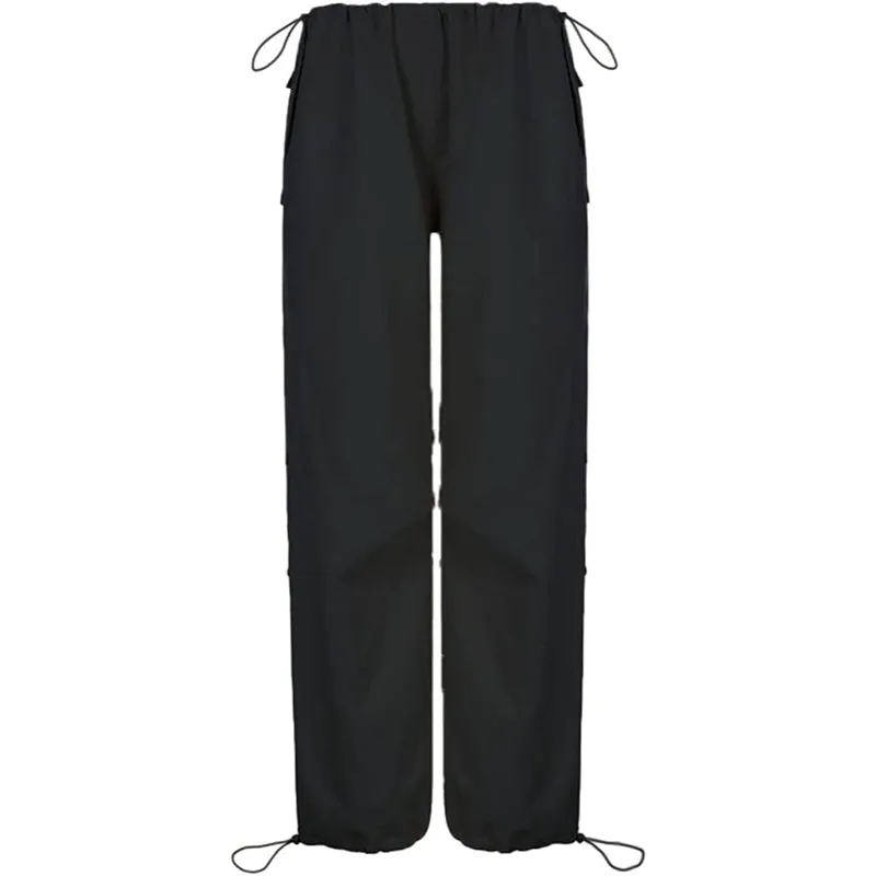 Women Baggy Low Waist Cargo Pants Y2K Parachute Pants For Women Wide Straight Leg Drawstring Trouser With Pocket