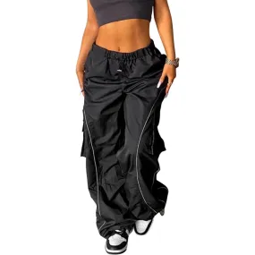 Women Baggy Low Waist Cargo Pants Y2K Parachute Pants For Women Wide Straight Leg Drawstring Trouser With Pocket