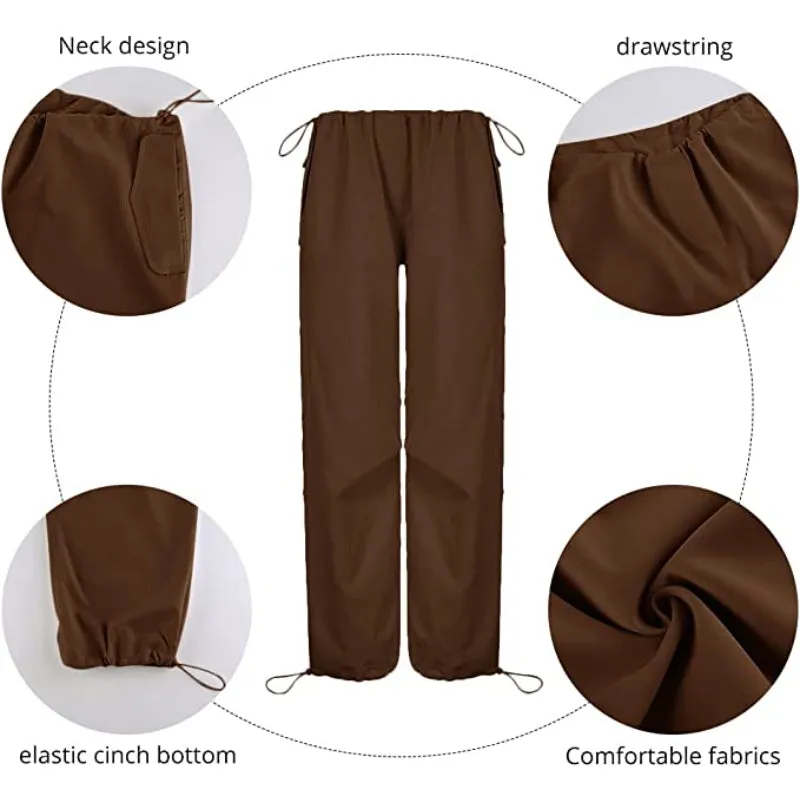 Women Baggy Low Waist Cargo Pants Y2K Parachute Pants For Women Wide Straight Leg Drawstring Trouser With Pocket