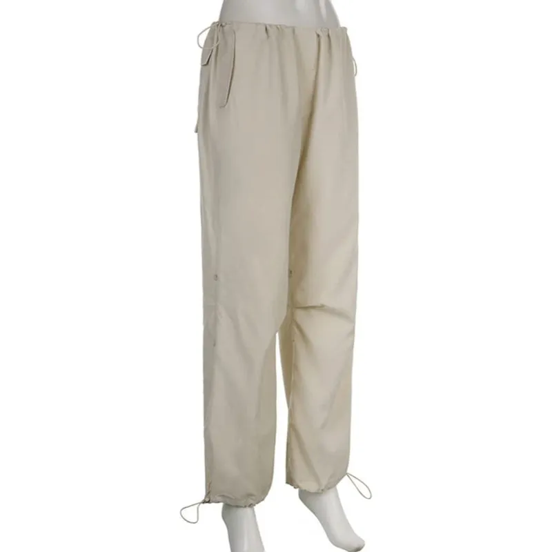 Women Baggy Low Waist Cargo Pants Y2K Parachute Pants For Women Wide Straight Leg Drawstring Trouser With Pocket