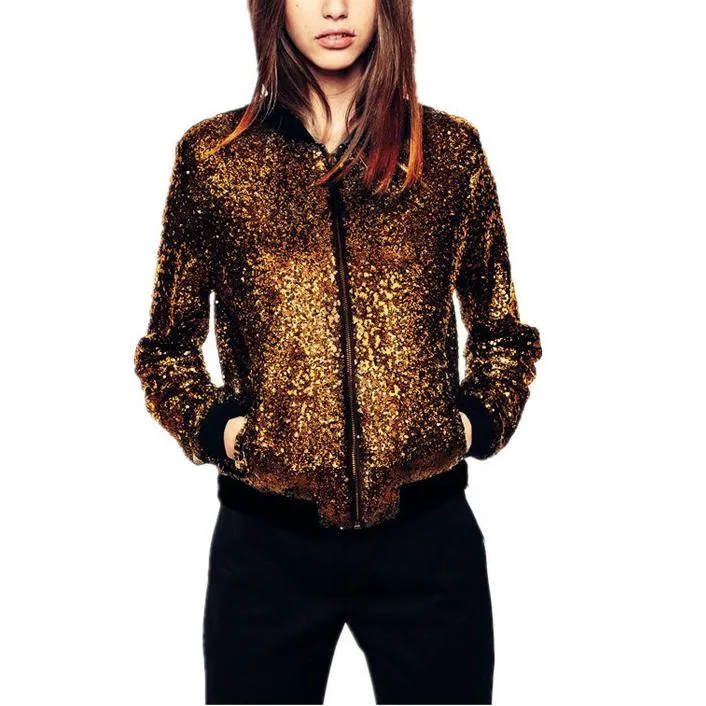 Women fashion sport sequin long sleeve zipper cropped coat jacket