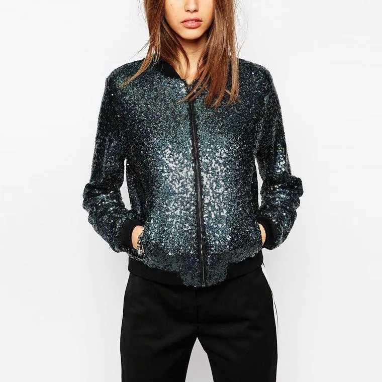 Women fashion sport sequin long sleeve zipper cropped coat jacket