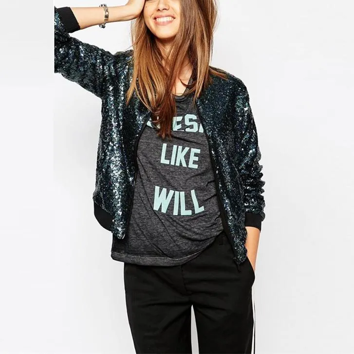 Women fashion sport sequin long sleeve zipper cropped coat jacket