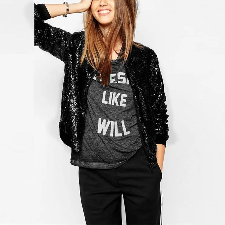 Women fashion sport sequin long sleeve zipper cropped coat jacket