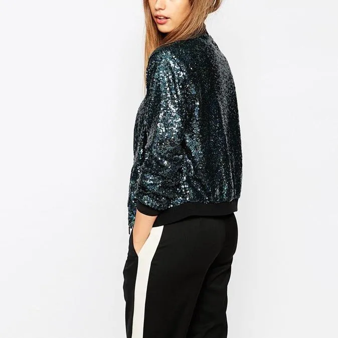 Women fashion sport sequin long sleeve zipper cropped coat jacket