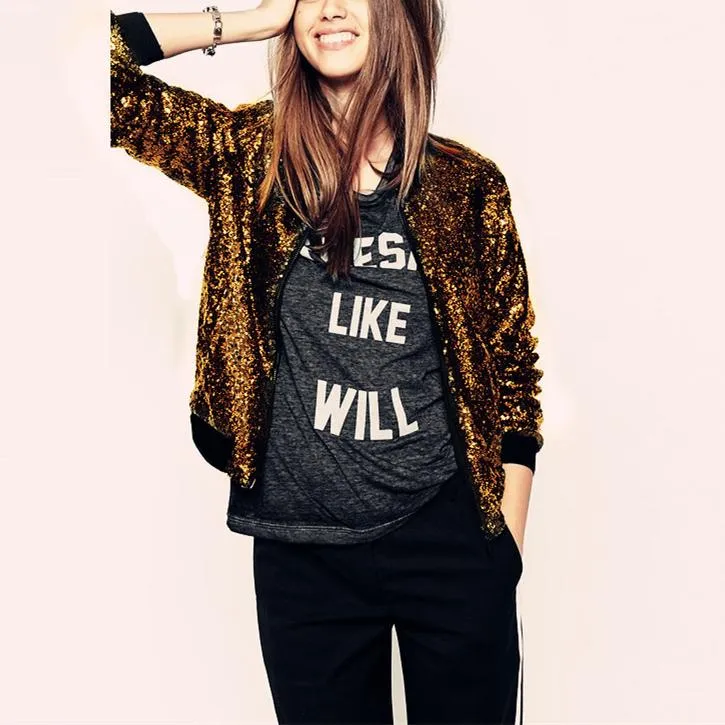 Women fashion sport sequin long sleeve zipper cropped coat jacket