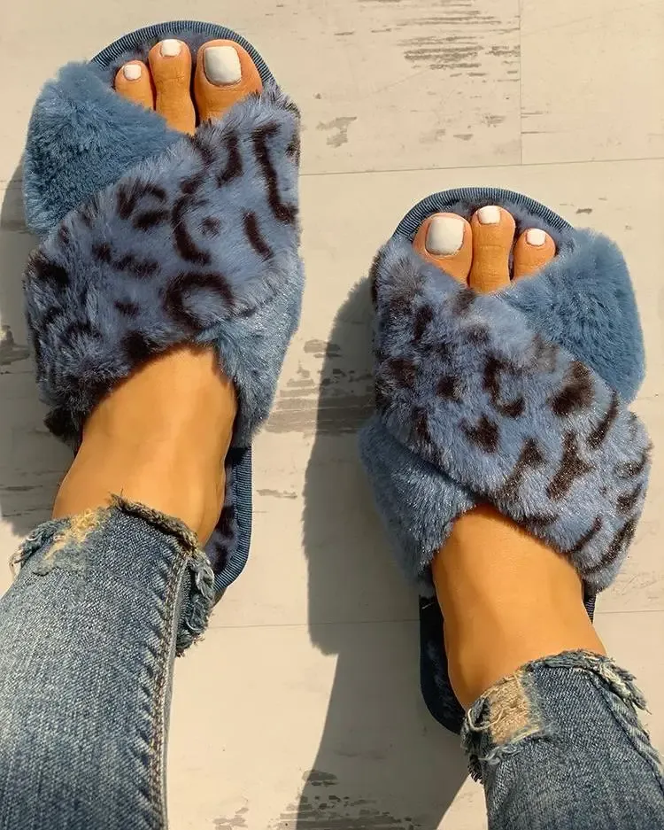 Women Fluffy Leopard Slippers