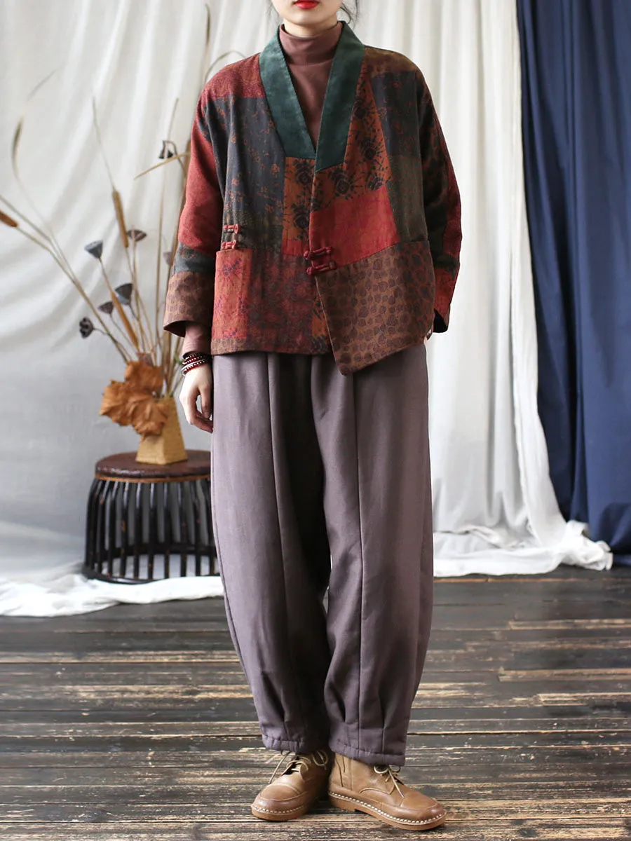 Women Spring Patch Floral Spliced V-Neck Padded Coat