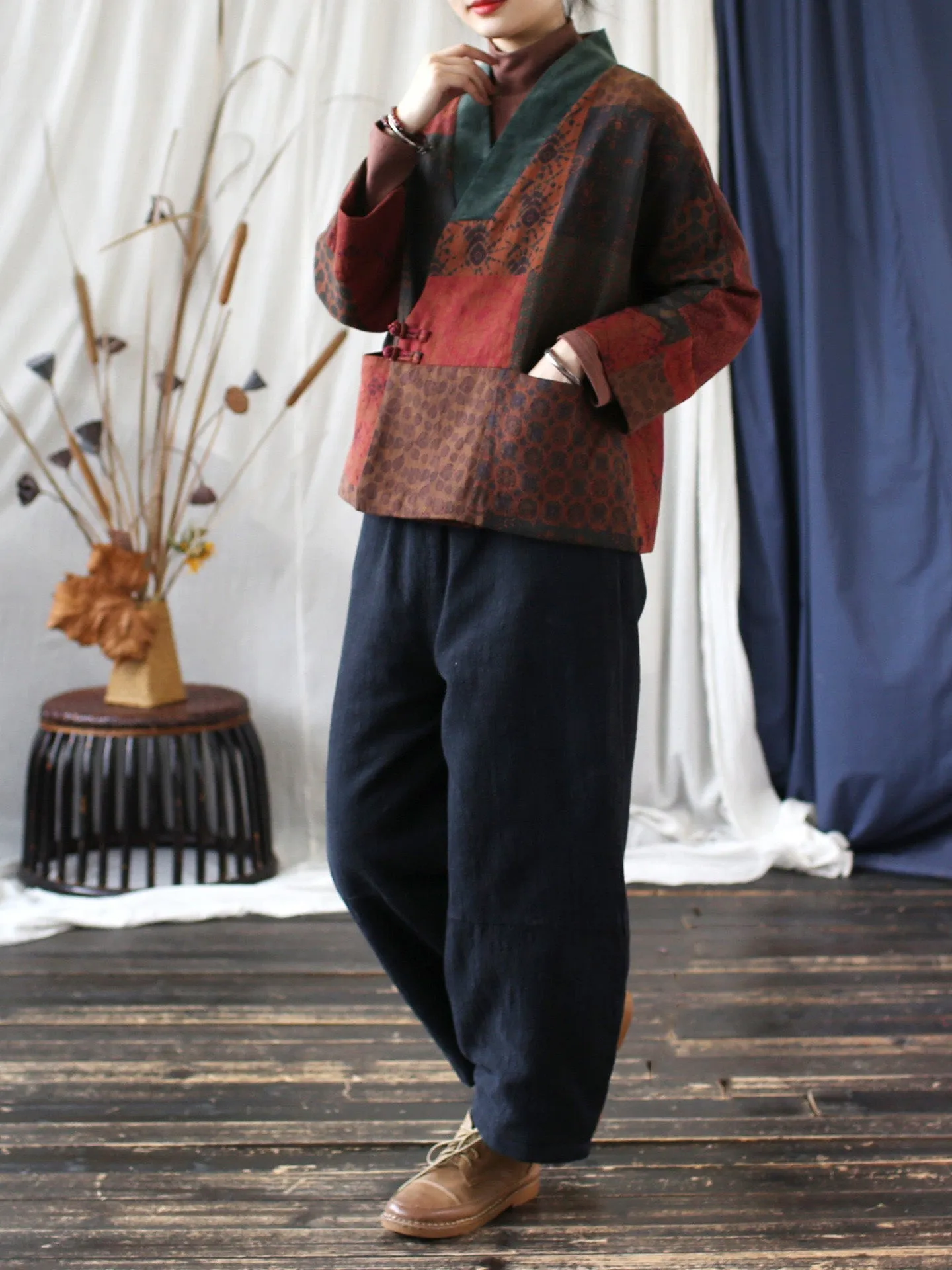 Women Spring Patch Floral Spliced V-Neck Padded Coat