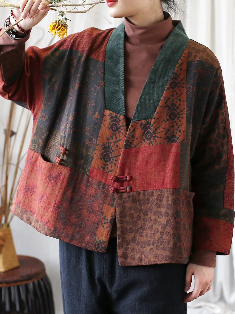 Women Spring Patch Floral Spliced V-Neck Padded Coat