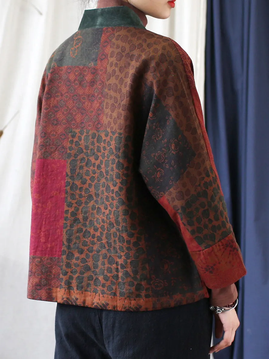 Women Spring Patch Floral Spliced V-Neck Padded Coat