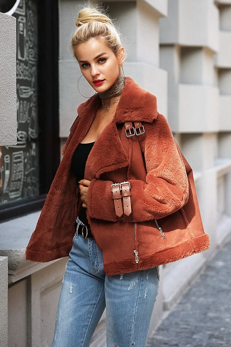 Women's Autumn & Winter Faux Leather Suede Lamb Fur Jacket