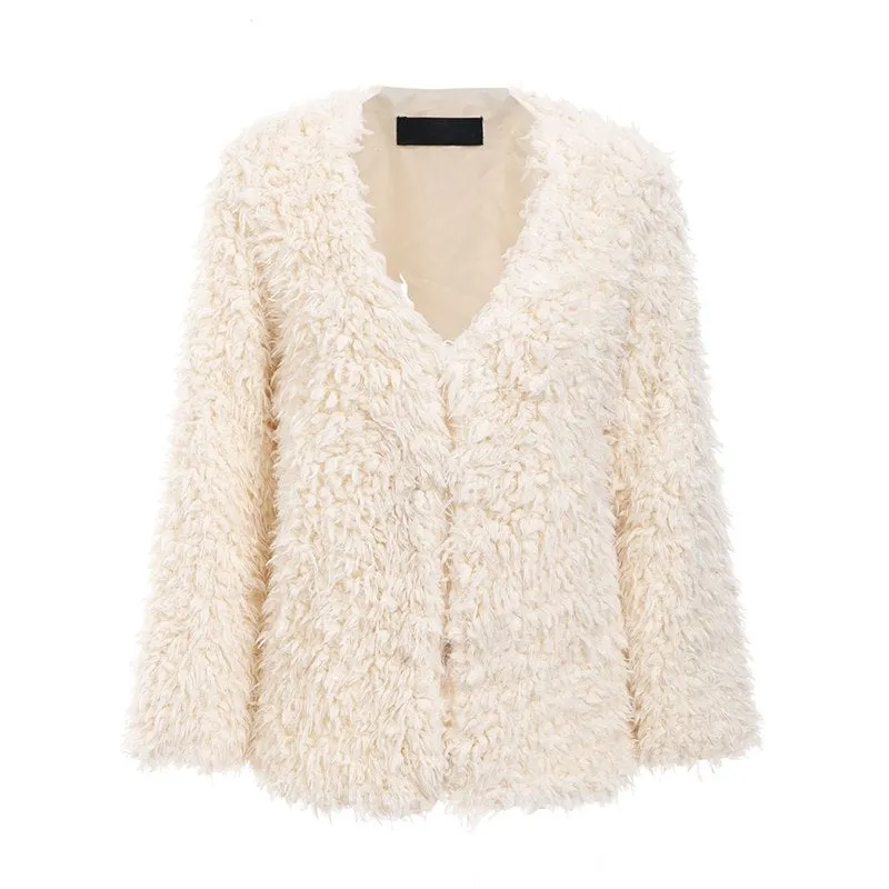 Women's Autumn & Winter V-Neck Furry Fur Coat