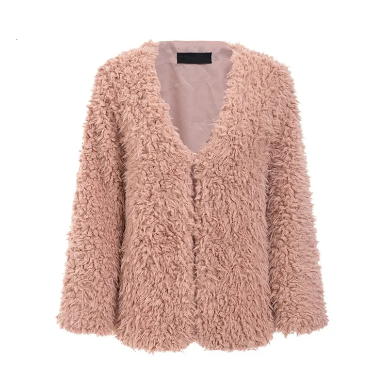 Women's Autumn & Winter V-Neck Furry Fur Coat