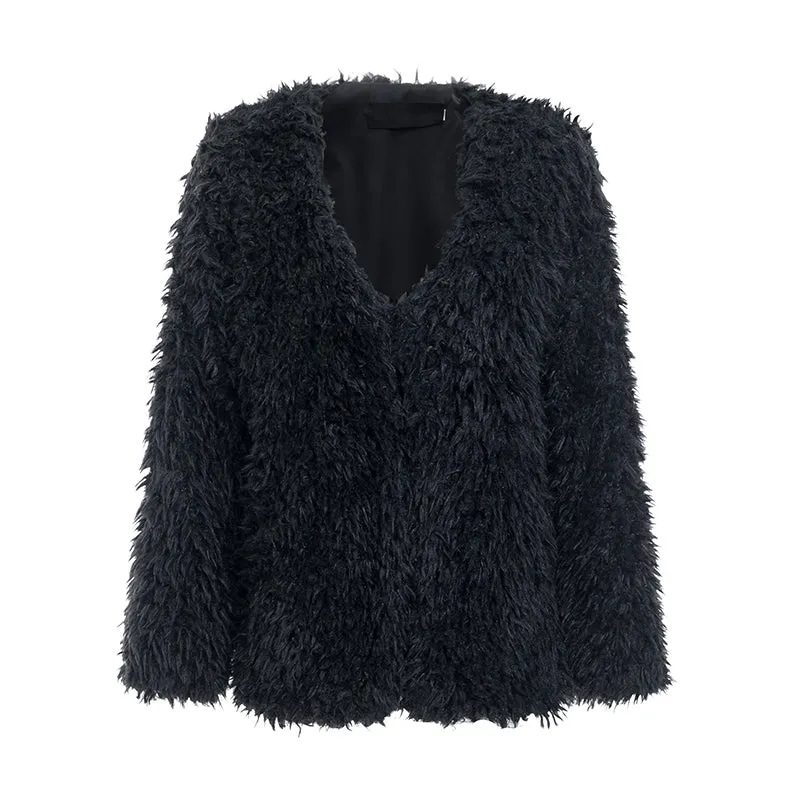 Women's Autumn & Winter V-Neck Furry Fur Coat